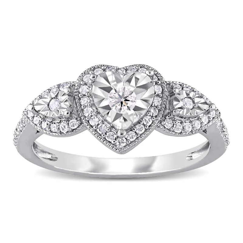 Elegant wedding rings for brides-Miadora Sterling Silver 1/3ct TDW Diamond Triple Heart Halo Engagement Ring