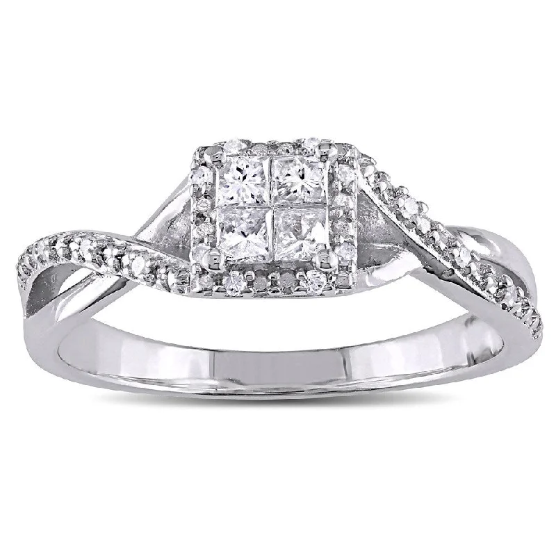 Affordable engagement rings with diamonds-Miadora Sterling Silver 1/4ct TDW Princess-cut Diamond Crossover Halo Engagement Ring