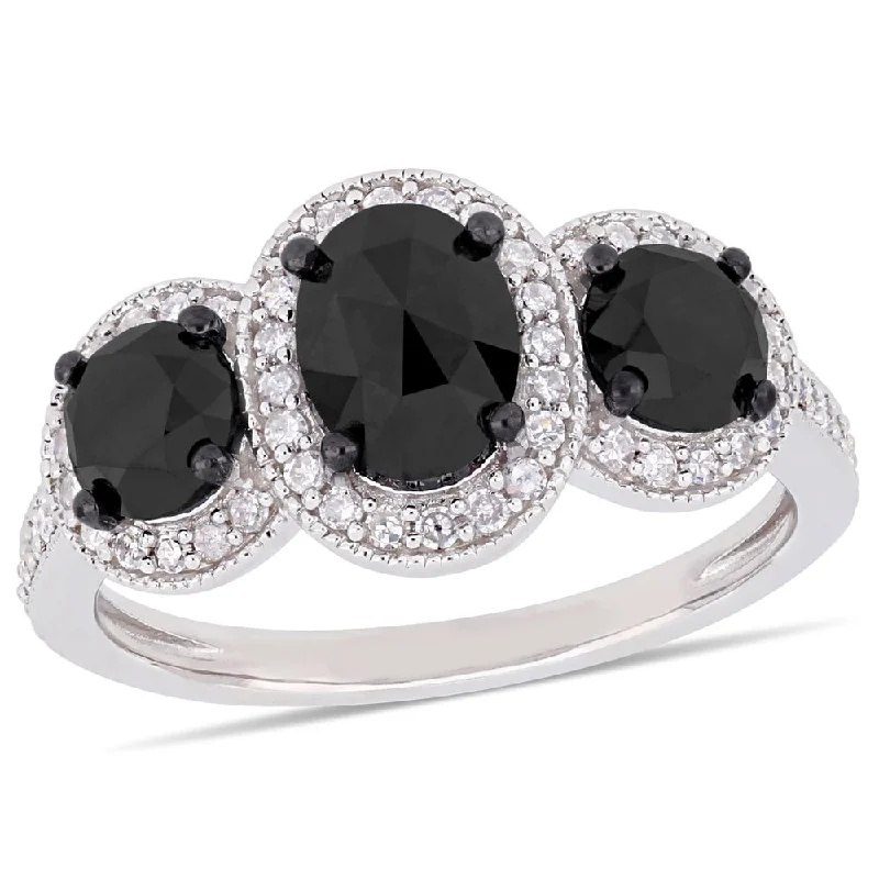 Designer wedding bands for men-Miadora Sterling Silver with Black Rhodium 2-2/5ct TDW Black and White Diamond 3-Stone Halo Engagement Ring