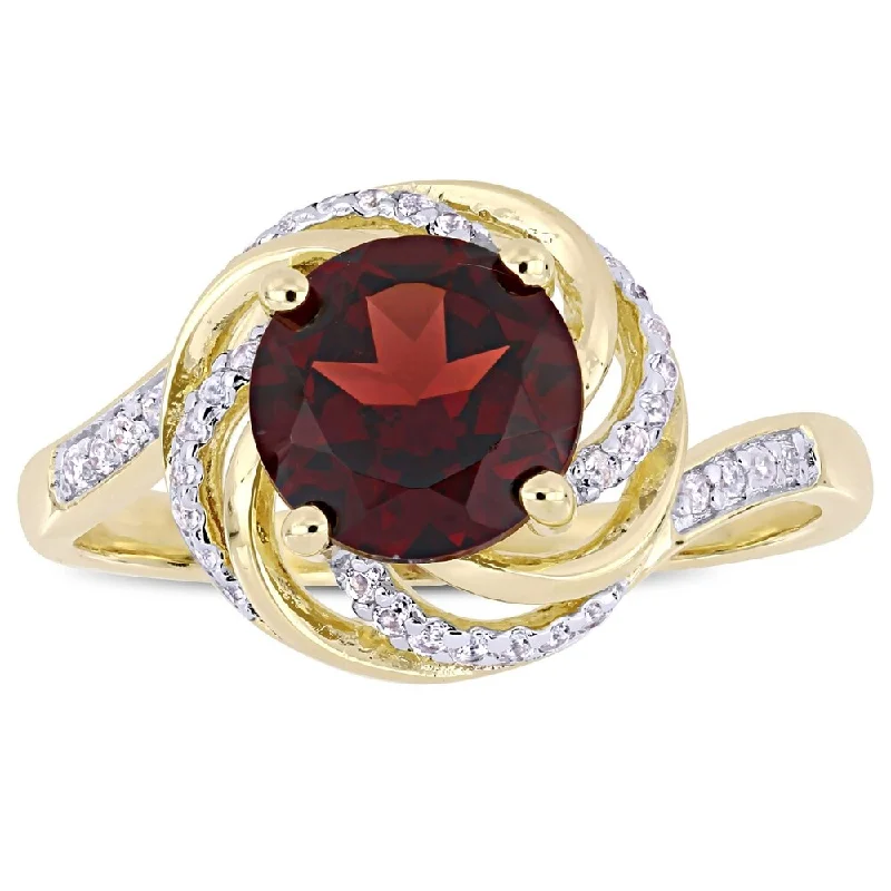 Simple promise rings for women-Miadora Yellow Plated Sterling Silver Garnet White Topaz & Diamond Swirl Halo Ring