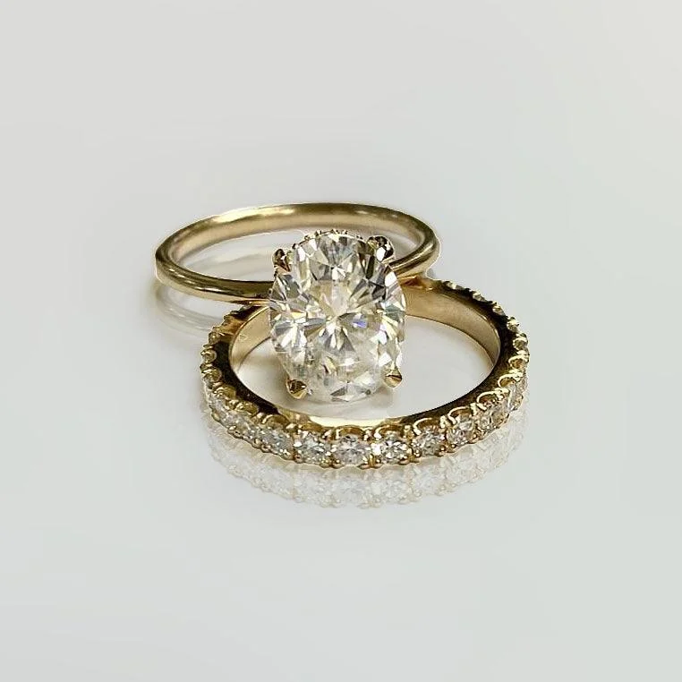 Custom gold promise rings for couples-Mossanite Solitaire and Lab Diamond Eternity Rings Set