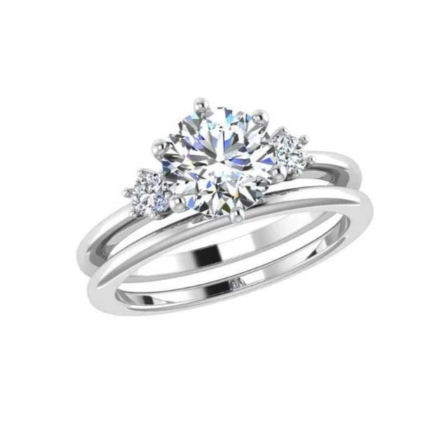 Diamond engagement rings for women-Round Diamond 3 Stone Engagement Ring and Wedding Band Set