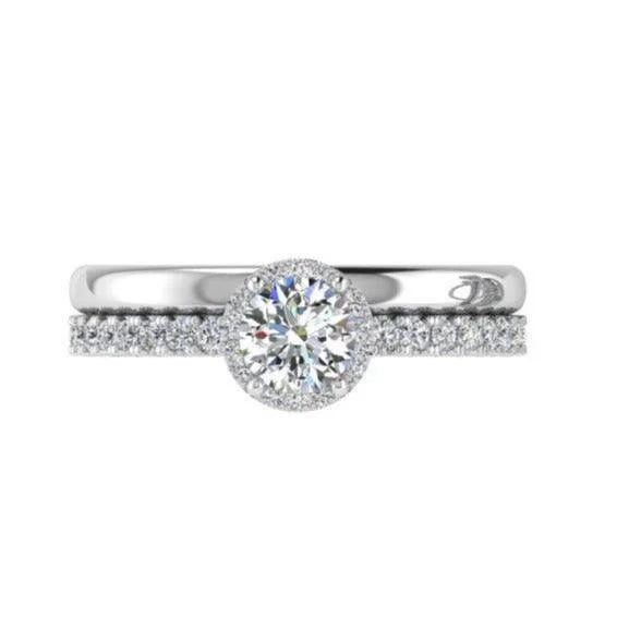 Unique gold engagement rings with diamonds-Round Diamond Halo Engagement Ring and Wedding Band