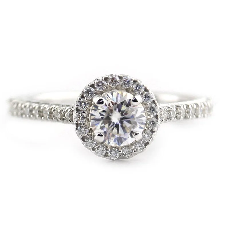 Silver engagement rings for her-Round Halo Moissanite Ring