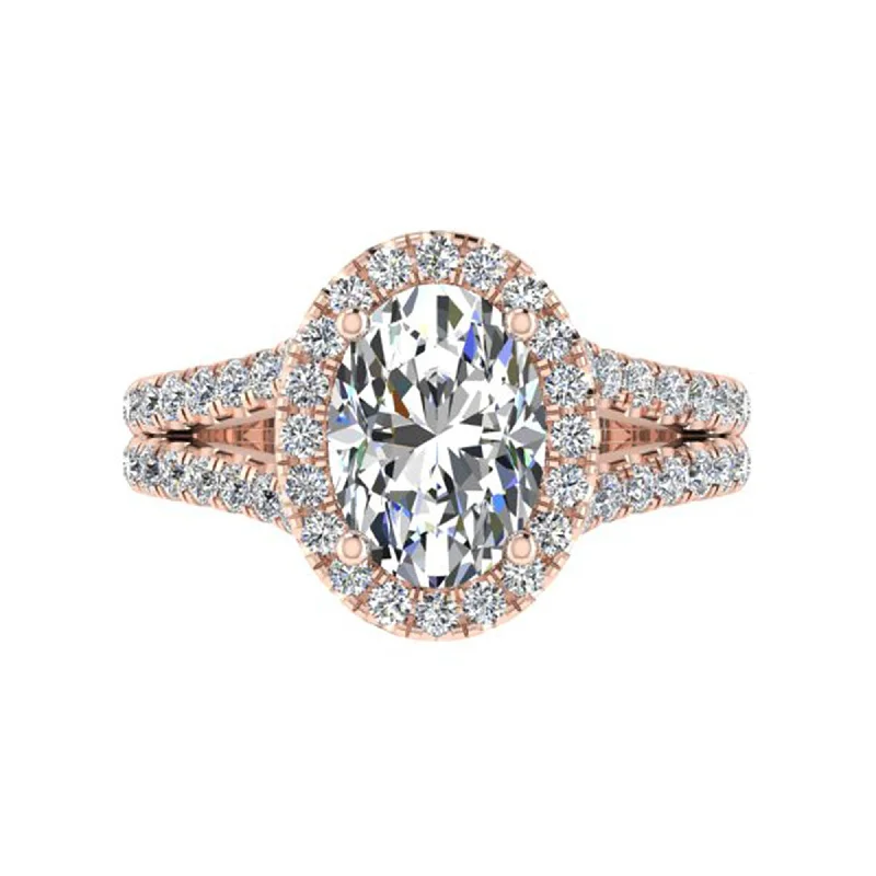 Wedding rings with sapphires-Split Shank Halo Rose gold Engagement Ring