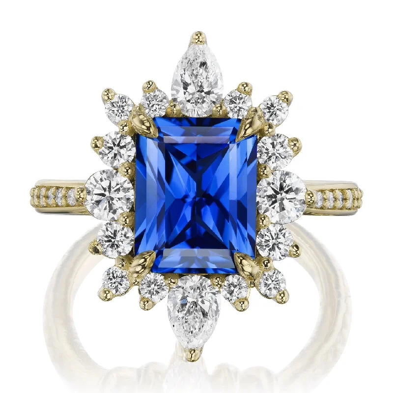 Gold rings with emeralds-・TALIA・Radiant Cut Blue Sapphire Center, Diamond Halo (3.75ctw+)