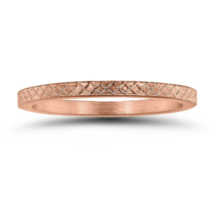 Stackable rings for bridesmaids-Thin 1.5MM Cross Cut Wedding Band in 14K Rose Gold