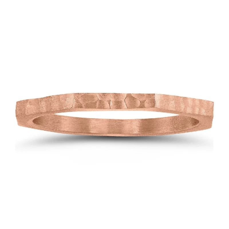 Personalized diamond wedding bands-Thin 1.5MM Eight Sided Octagon Hammered Finish Wedding Band in 14K Rose Gold