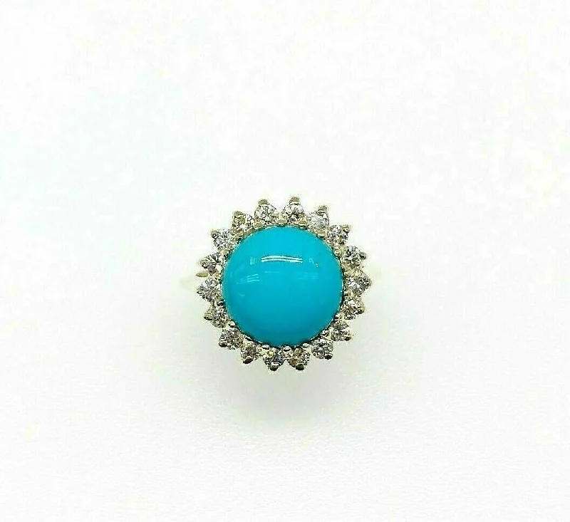 Unique rings with colored gemstones-0.85 Carats Diamond and 11 MM Natural BlueTurquoise Halo Ring 14K Yellow Gold