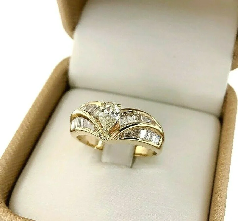 Designer wedding rings for couples-1.12 Carats Pear Diamond with Baguette Diamond Chevron Wedding Ring 14K Yellow