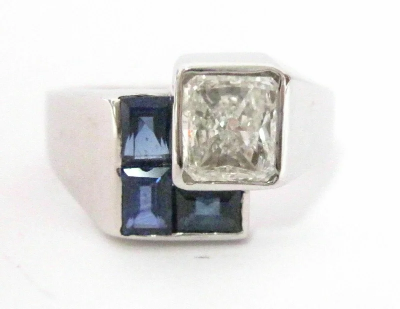 Men’s fashion rings with diamonds-1.70 TCW Natural Blue Sapphire & Radiant Cut Diamond Ring Size 6 18kt White Gold