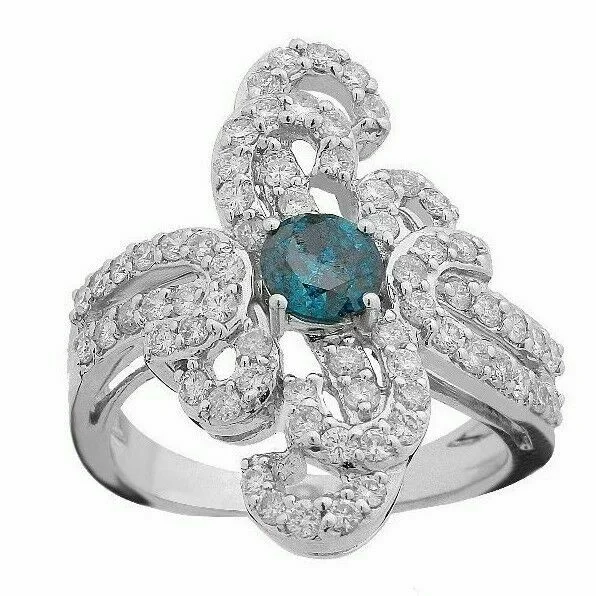 Personalized diamond wedding bands-1.70Ct Round Cut Blue Diamond Center & White Accents Floral Style Cocktail Ring