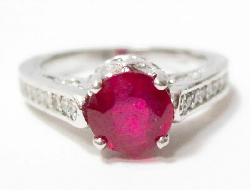 Antique style engagement rings-2.14cts Art-Deco Style Round Ruby & Diamond Accents Solitaire Ring Size 6.5 14k