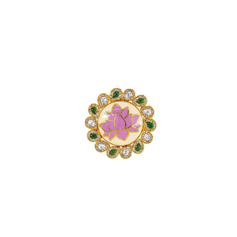 Elegant diamond rings for women-22K Antique Gold, Kundan, Emerald, & CZ Cocktail Ring (9.7gm)