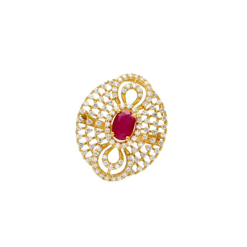 Large gemstone rings for women-22K Yellow Gold, CZ, and Ruby Cocktail Ring (6.7grams)