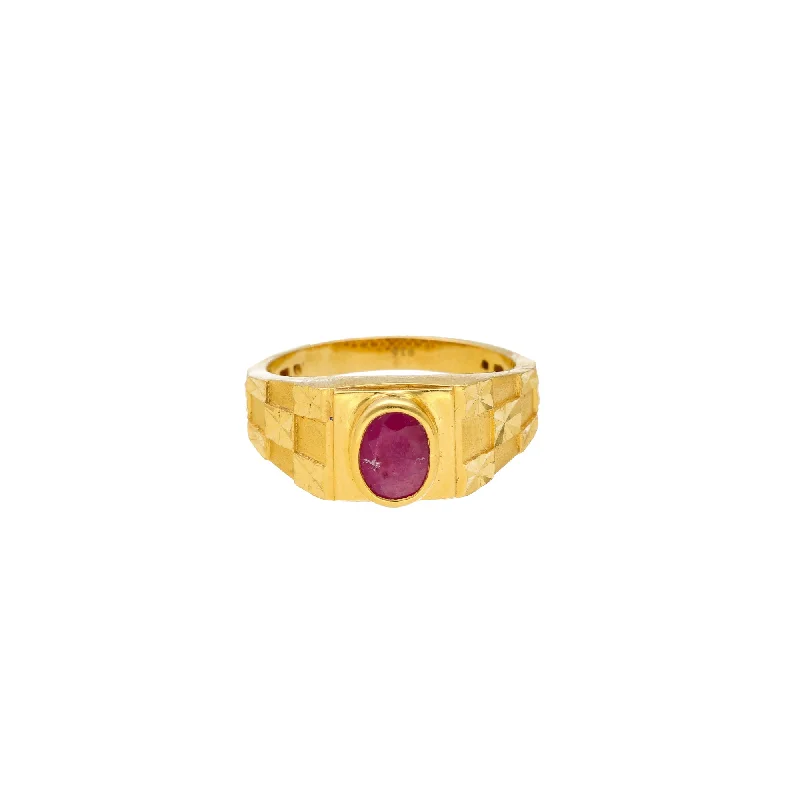 Designer wedding rings for couples-22K Yellow Gold Ring with Ruby Center Stone (6.7gm)