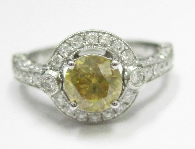 Vintage diamond wedding bands-3.22 TCW Art Deco Fancy Yellow Diamond Solitaire Ring Size 6.75 18k White Gold