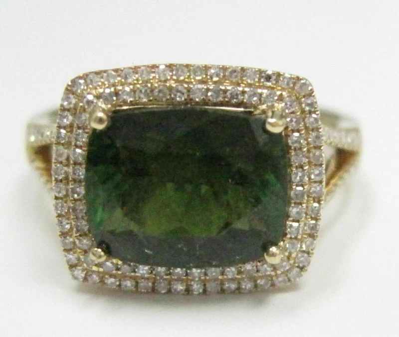 Custom rings for wedding gifts-3.36 TCW Radiant Green Tourmaline & Diamond Ring 14k Yellow Gold Size 7