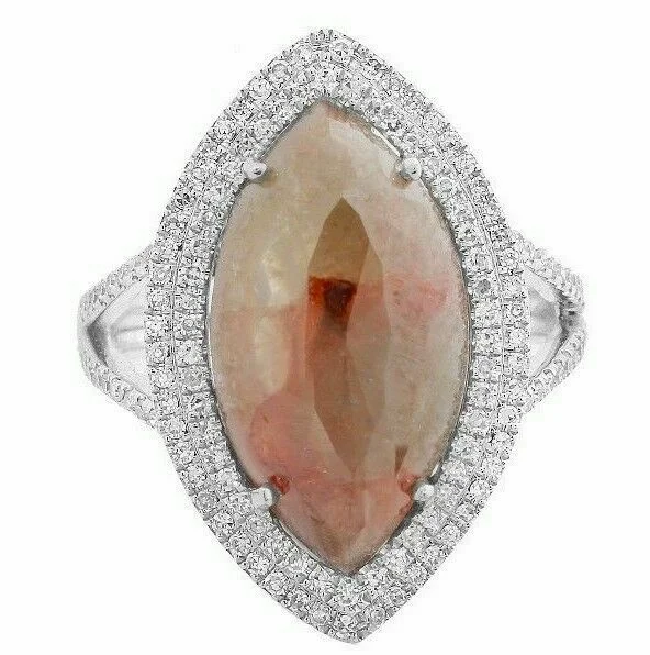 Unique gold rings for women-4.67Ct Raw/Rustic Rose Cut Marquise Green Diamond w/ Accents Ring 14k White Gold