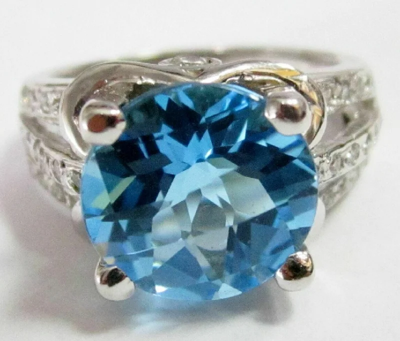 Fashion rings with diamonds for women-5.55 TCW Natural Round Blue Topaz & Diamond Ring Size 7 G SI-1 14k White Gold