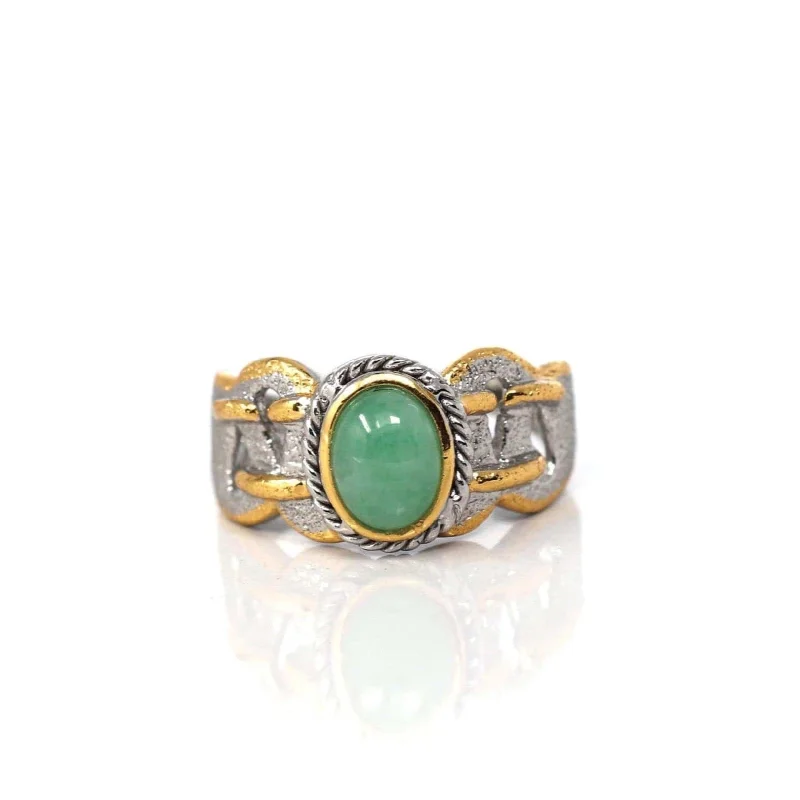 Birthstone engagement rings for her-Baikalla Antique Natural Jadeite Jade Sterling Silver Gold Plated Two Tone Ring