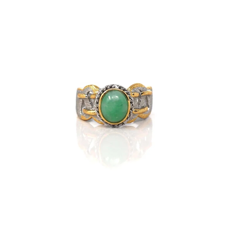 Custom gold promise rings for couples-Baikalla Antique Natural Jadeite Jade Sterling Silver Gold Plated Two Tone Ring