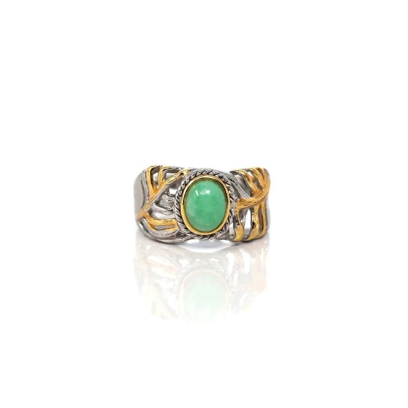 Gold wedding rings with diamonds-Baikalla Antique Natural Jadeite Jade Sterling Silver Gold Plated Two Tone Ring