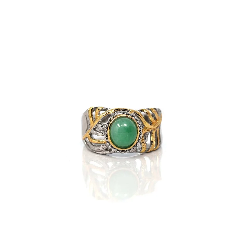 Simple platinum wedding rings for women-Baikalla Antique Natural Jadeite Jade Sterling Silver Gold Plated Two Tone Ring