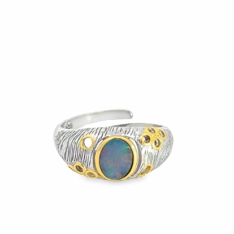 Custom engagement rings with initials-Baikalla Antique Natural Opal Sterling Silver Gold Plated Two Tone Ring