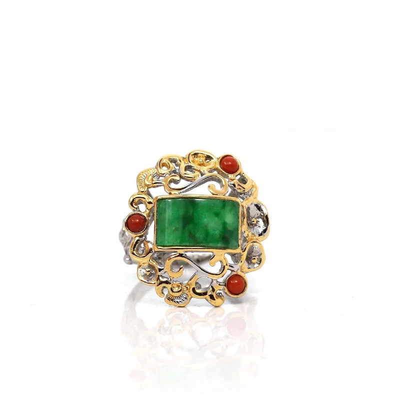 Luxury wedding rings for women-Baikalla "Antique Style" Sterling Silver Gold Plated Jadeite Jade Adjustable Ring With Agate Accents