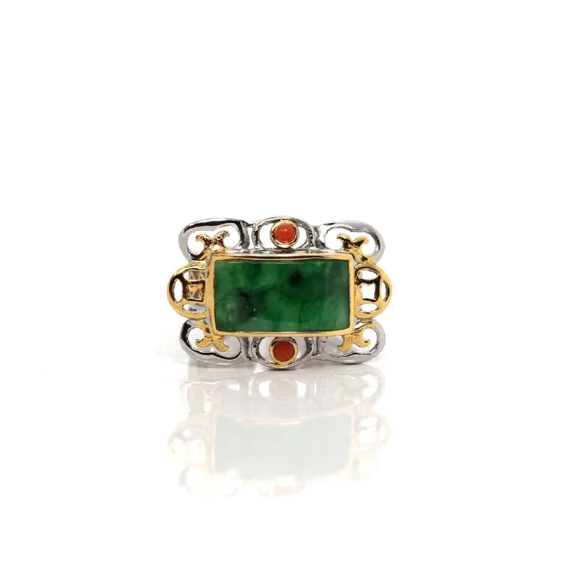 Gold wedding bands for couples-Baikalla "Antique Style" Sterling Silver Gold Plated Jadeite Jade Adjustable Ring With Agate Accents