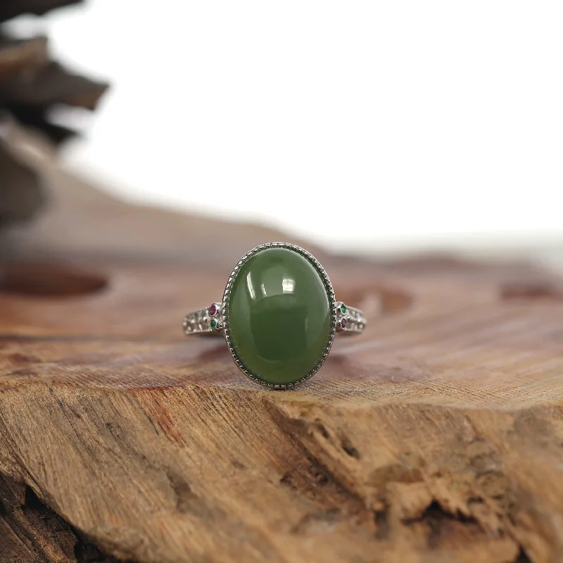 Gold rings with emeralds-Baikalla "Classic Oval With Accents" Sterling Silver Natural Green Nephrite Jade Adjustable Ring For Her