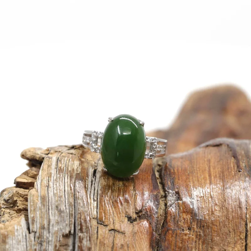 Wedding rings with colored stones-Baikalla™ "Classic Oval With Accents" Sterling Silver Real Green Nephrite Jade Classic Ring For Her