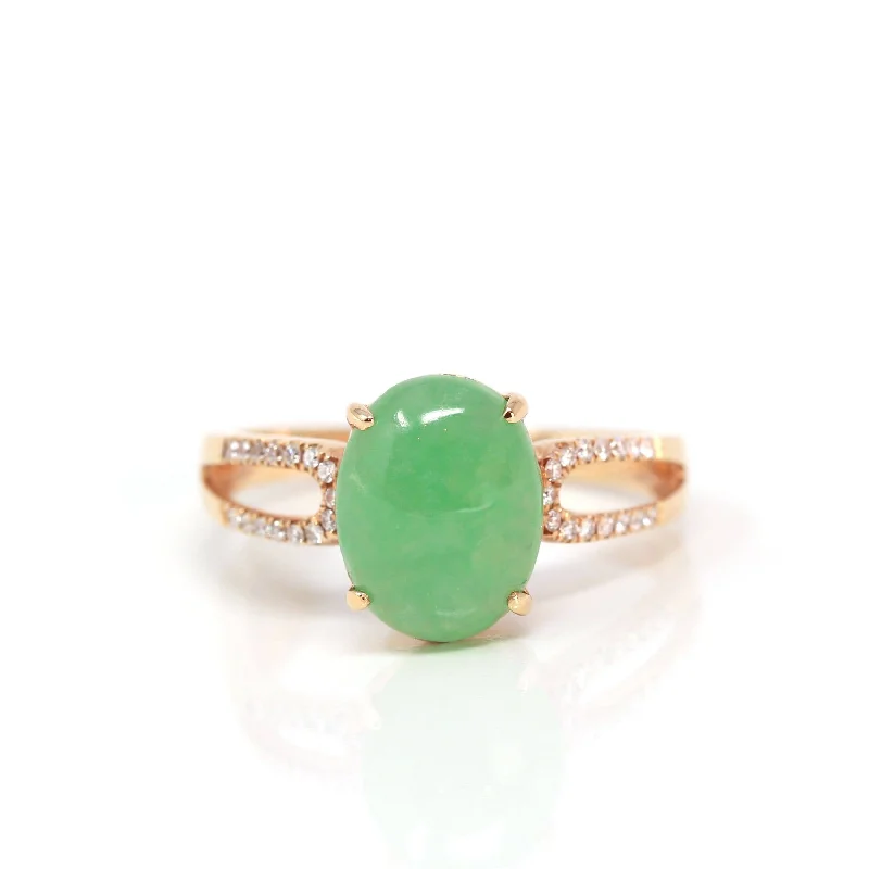 Custom rings for anniversary gifts-Baikalla™ "Imperial Cabochon" 18k Rose Gold Natural Gree Jadeite Ring With Diamonds