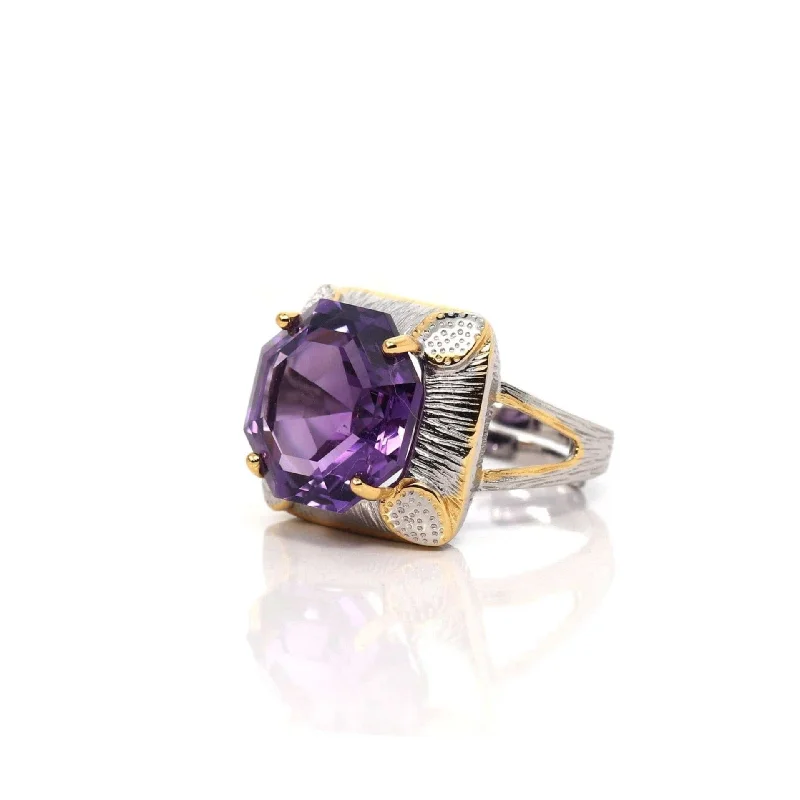 Personalized diamond rings for men-Baikalla Sterling Silver Gold Plated Two Tone Adjustable Amethyst Ring