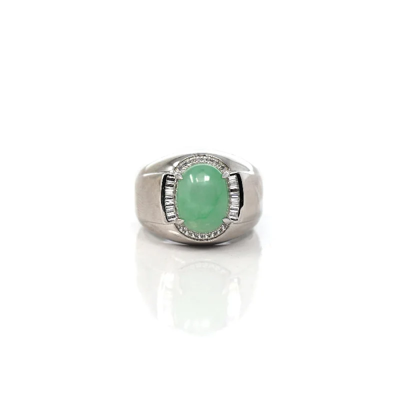 Personalized rings with initials-Baikalla™ Sterling Silver Genuine Green Jadeite Jade Men's Ring With Sapphire