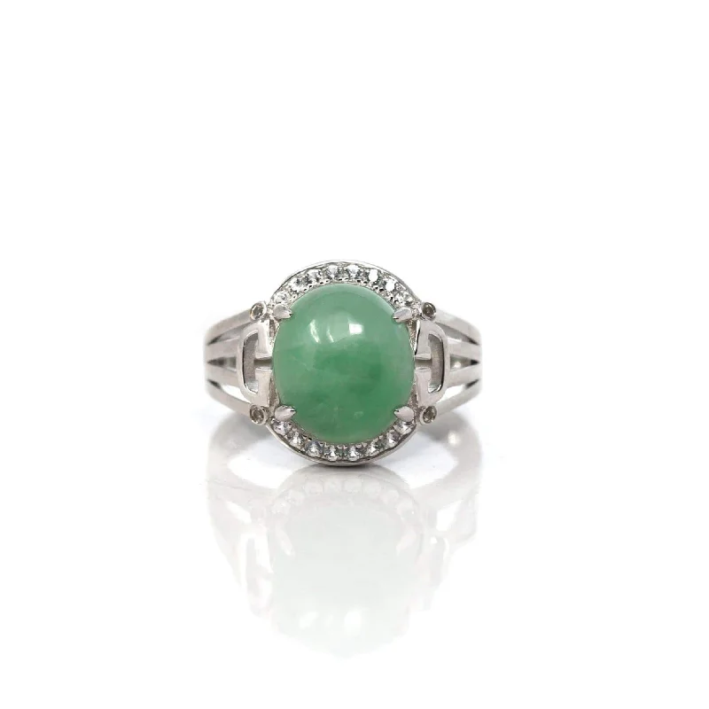 Personalized rings with initials-Baikalla™ Sterling Silver Natural Imperial Green Oval Jadeite Jade Ring With White Sapphire