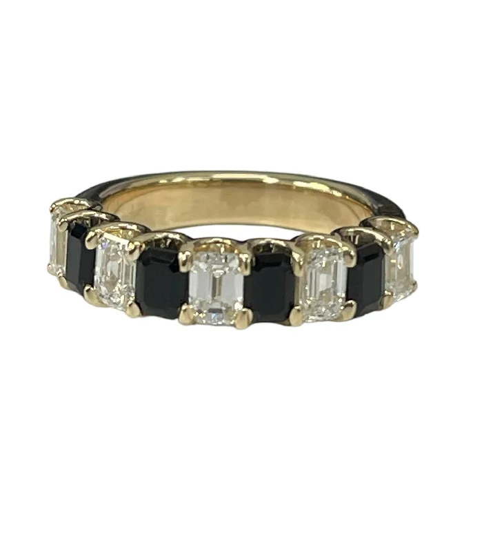 Men’s wedding rings with birthstones-Custom Made Alternate Emerald Diamond and Onyx Gem Band Ring 14kt Yellow Gold