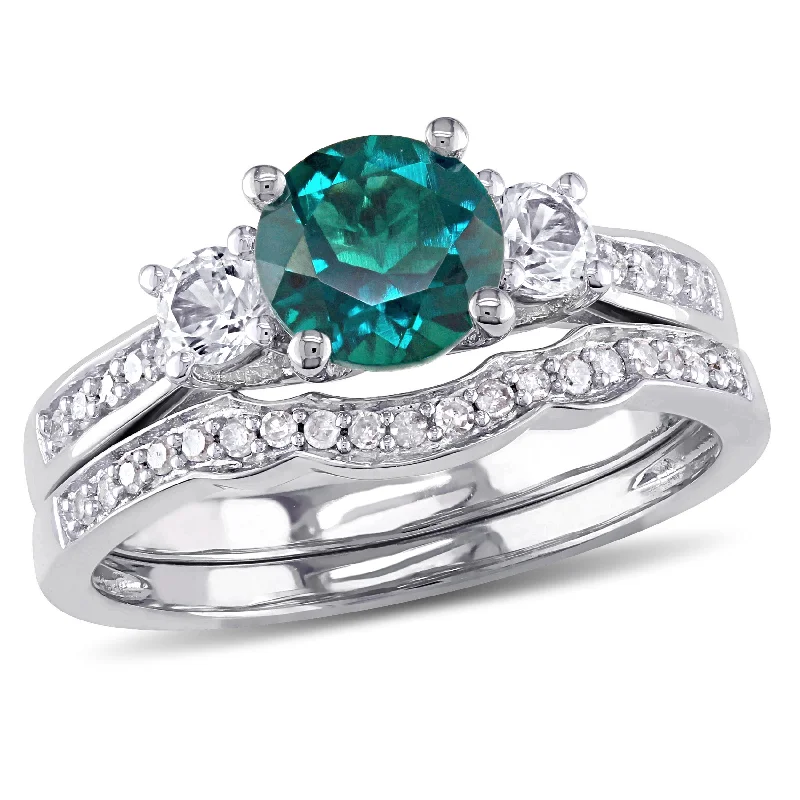 Fashion rings with diamonds for men-Mimi & Max 1 1/3ct TGW Created Emerald and Created White Sapphire 1/7ct TW Diamond Bridal Set in 10k White Gold