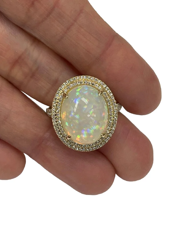 Custom rings for anniversary gifts-Opal Gem Double Halo Diamond Ring Yellow Gold 14kt