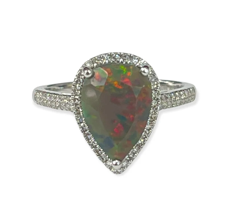 Classic gold engagement rings for her-Opal Gem Halo Pear Diamond Ring White Gold 14kt