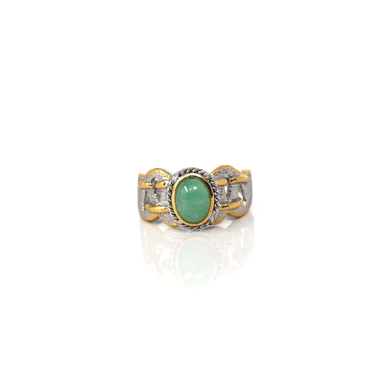 Diamond engagement rings for women-RealJade® Co. Antique Natural Jadeite Jade Sterling Silver Gold Plated Two Tone Ring