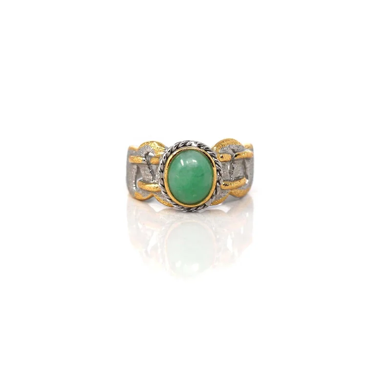 Unique gold engagement rings with diamonds-RealJade® Co. Antique Natural Jadeite Jade Sterling Silver Gold Plated Two Tone Ring