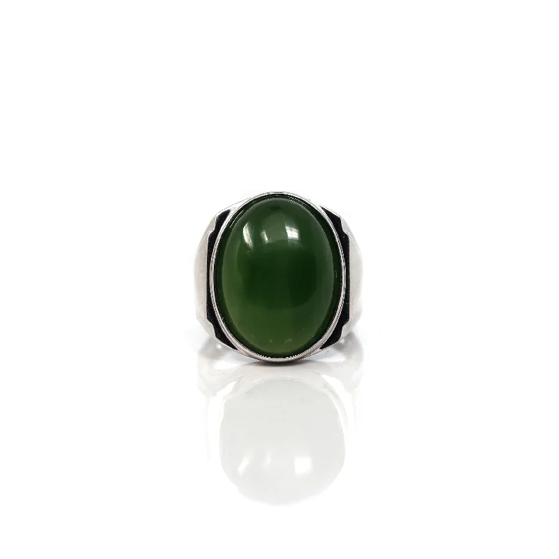 Custom gold promise rings for couples-RealJade® Co. Sterling Silver Oval Green Nephrite Jade Men's Ring