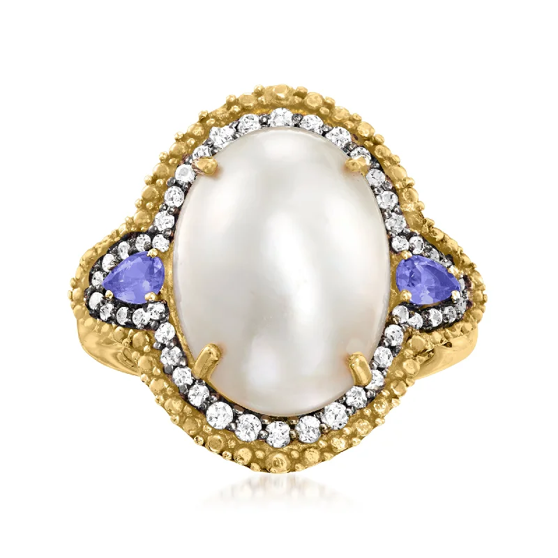 Unique rings with colored gemstones-Ross-Simons 12x16mm Cultured Mabe Pearl and . Tanzanite Ring With . White Topaz in 18kt Gold Over Sterling