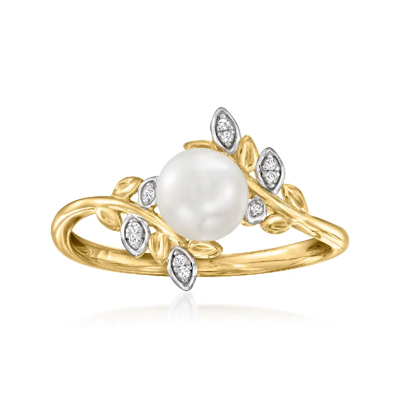 Stackable rings for bridesmaids-Ross-Simons 6-6.5mm Cultured Pearl Leaf Ring With Diamond Accents in 14kt Yellow Gold