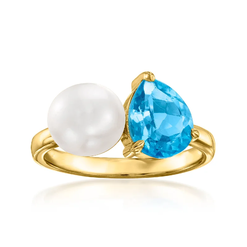 Custom signet rings for men-Ross-Simons 7.5-8mm Cultured Pearl and Swiss Blue Topaz Toi Et Moi Ring in 18kt Gold Over Sterling