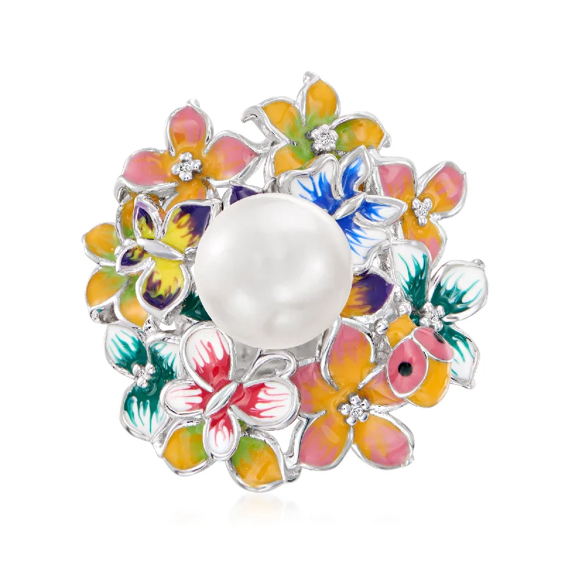 Platinum engagement rings for women-Ross-Simons 8.5-9mm Cultured Pearl Flower Ring With Diamond Accents and Multicolored Enamel in Sterling Silver