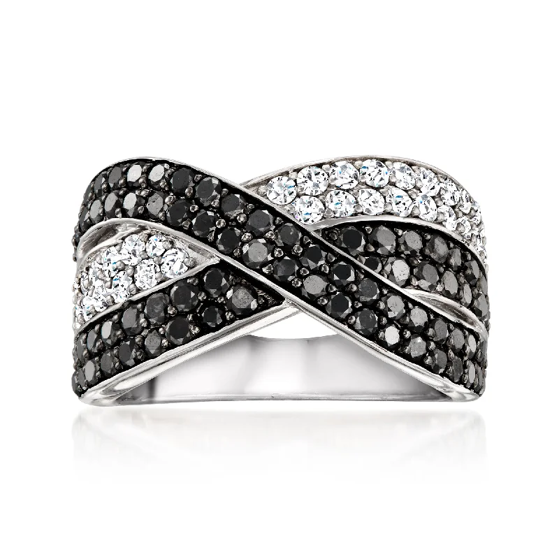 Personalized rings with engraved names-Ross-Simons Black and White Diamond Crisscross Ring in Sterling Silver