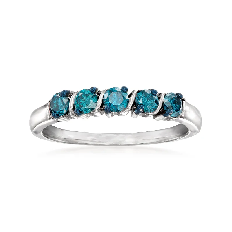 Personalized gemstone rings for her-Ross-Simons Blue Diamond 5-Stone Ring in Sterling Silver